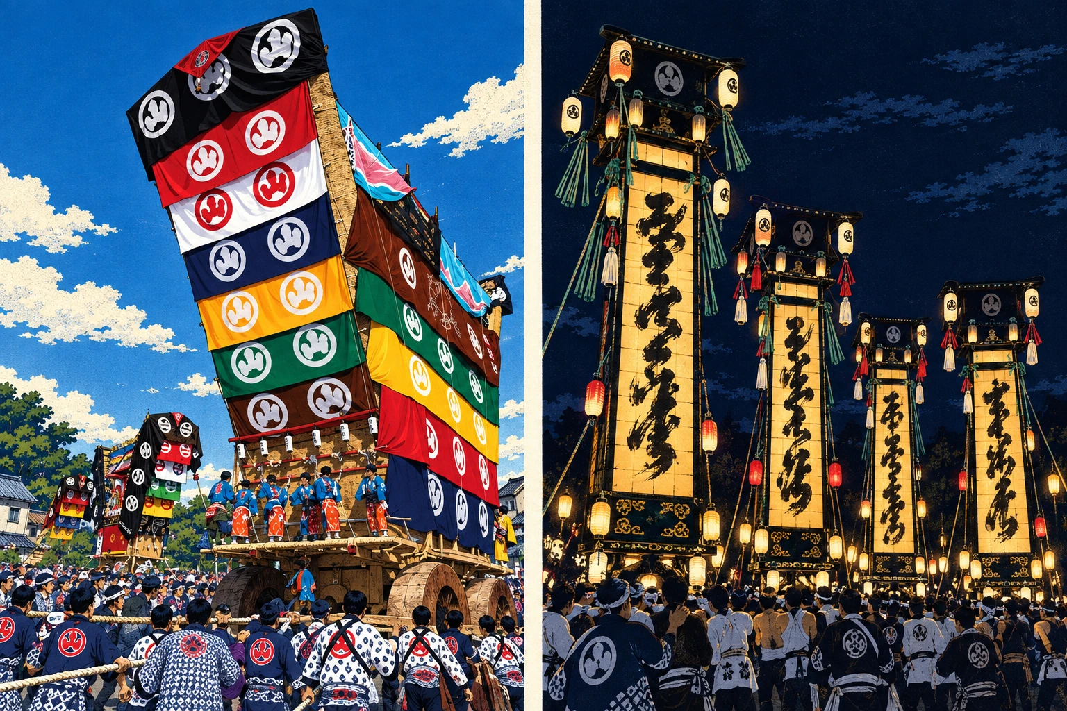 左は青柏祭のでか山、右は石崎奉燈祭の奉燈。公式写真を参考にしたイラスト