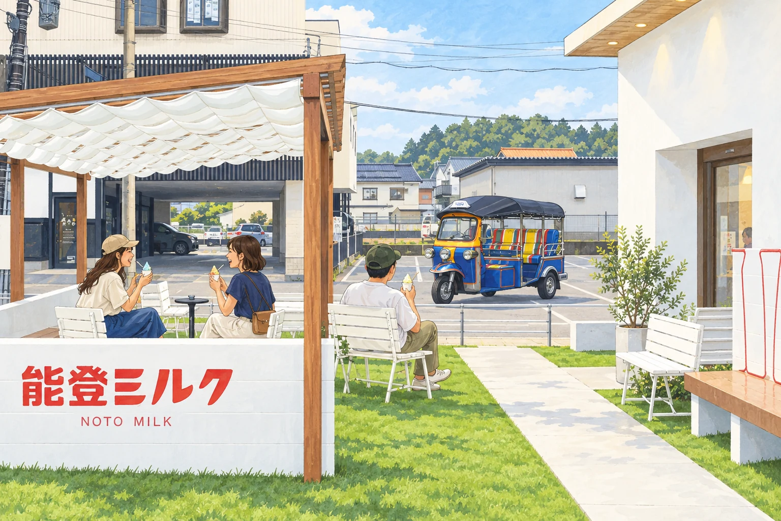 能登ミルクのテラスでジェラートを楽しみ、青いトゥクトゥクで立ち寄る様子を描いたイメージイラスト